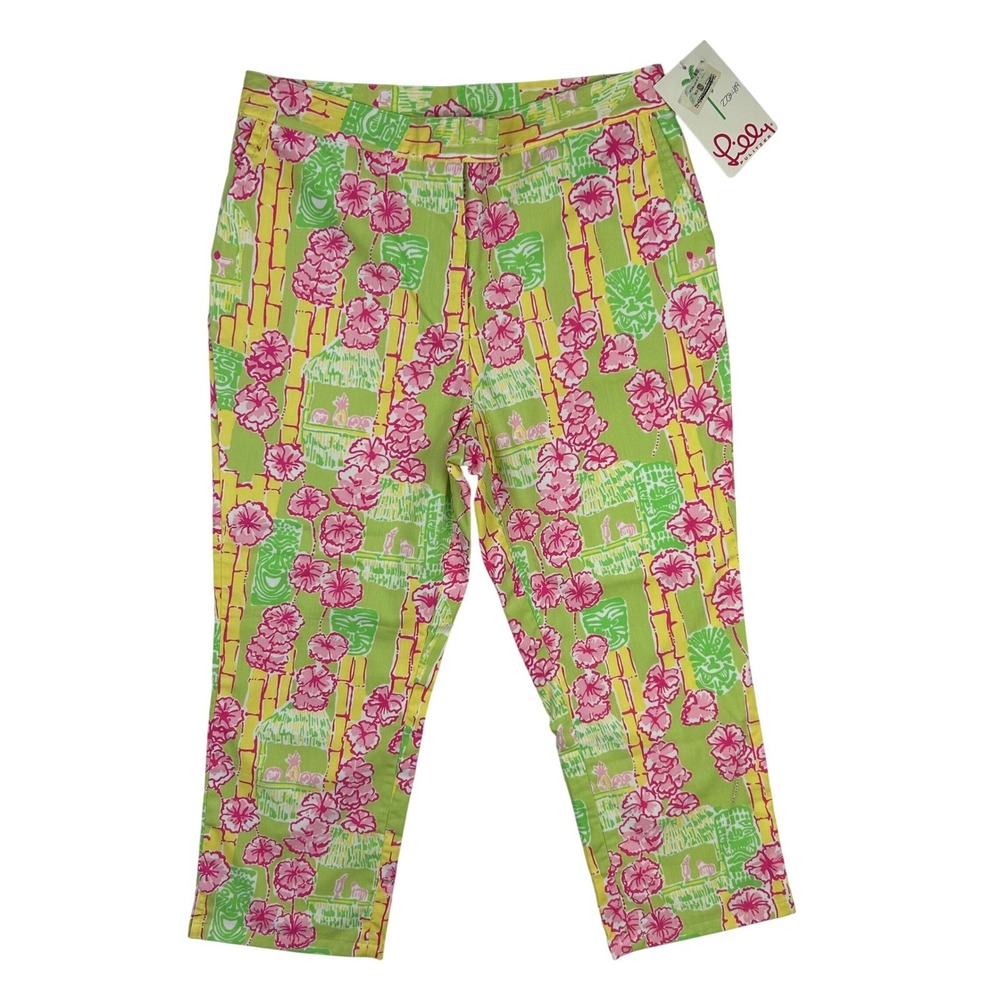 Lilly Pulitzer Girls Green Pink Tiki Hut Floral Crop Pants Size 12 NWT VINTAGE